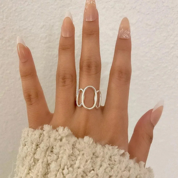 925 Sterling Silver Chunky Ring Oval Round Geometric Minimalist Ring - Picture 5 of 7